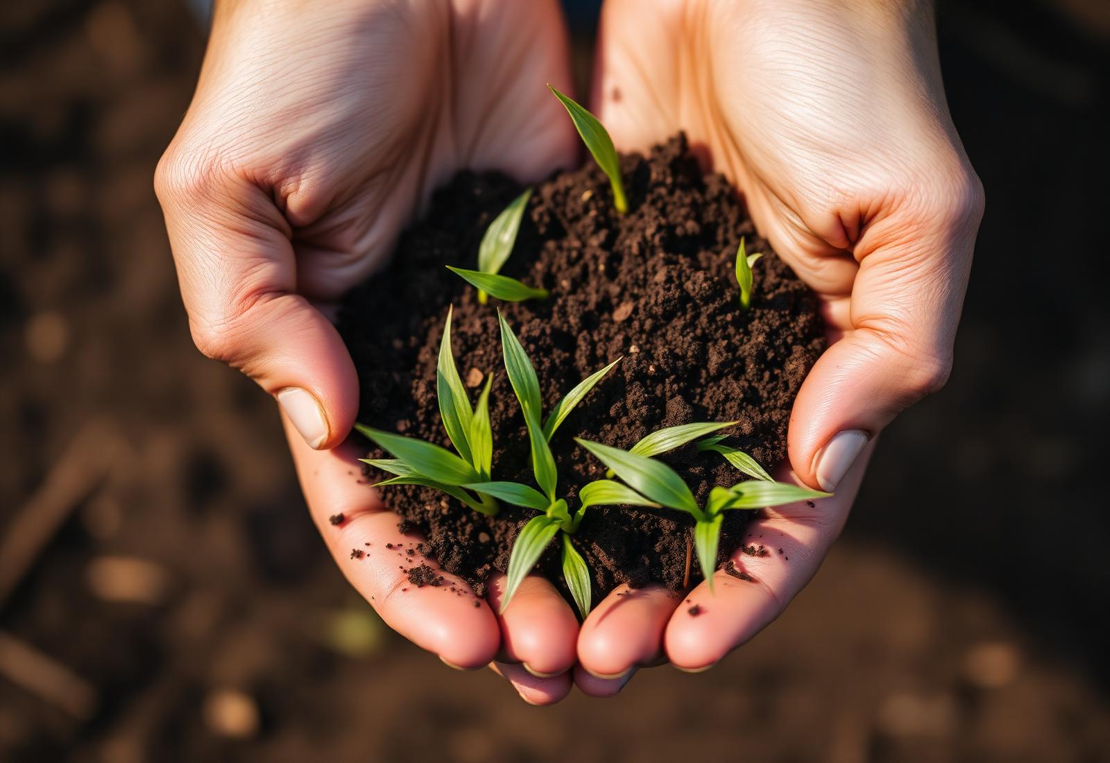 Hands holding rich soil with young green seedlings