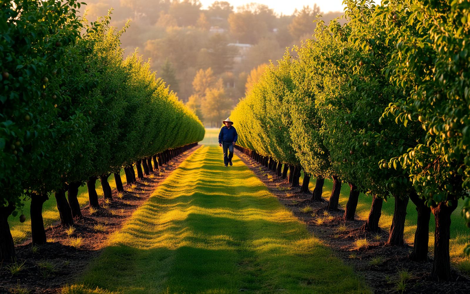 Rows of orchard trees at golden hour